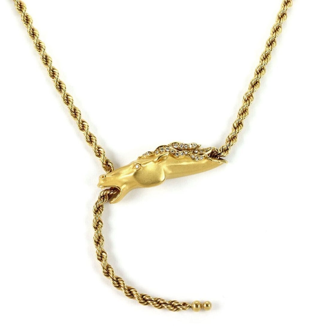 Carrera y Carrera Horse Pendant Necklace 18k Yellow Gold Diamond Rope Chain: Carrera y Carrera Horse Pendant Necklace 18k Yellow Gold Diamond Rope Chain Pre-owned Carrera y Carrera horse pendant rope necklace in 18k yellow gold. This signed lariat-style necklace features a scu
