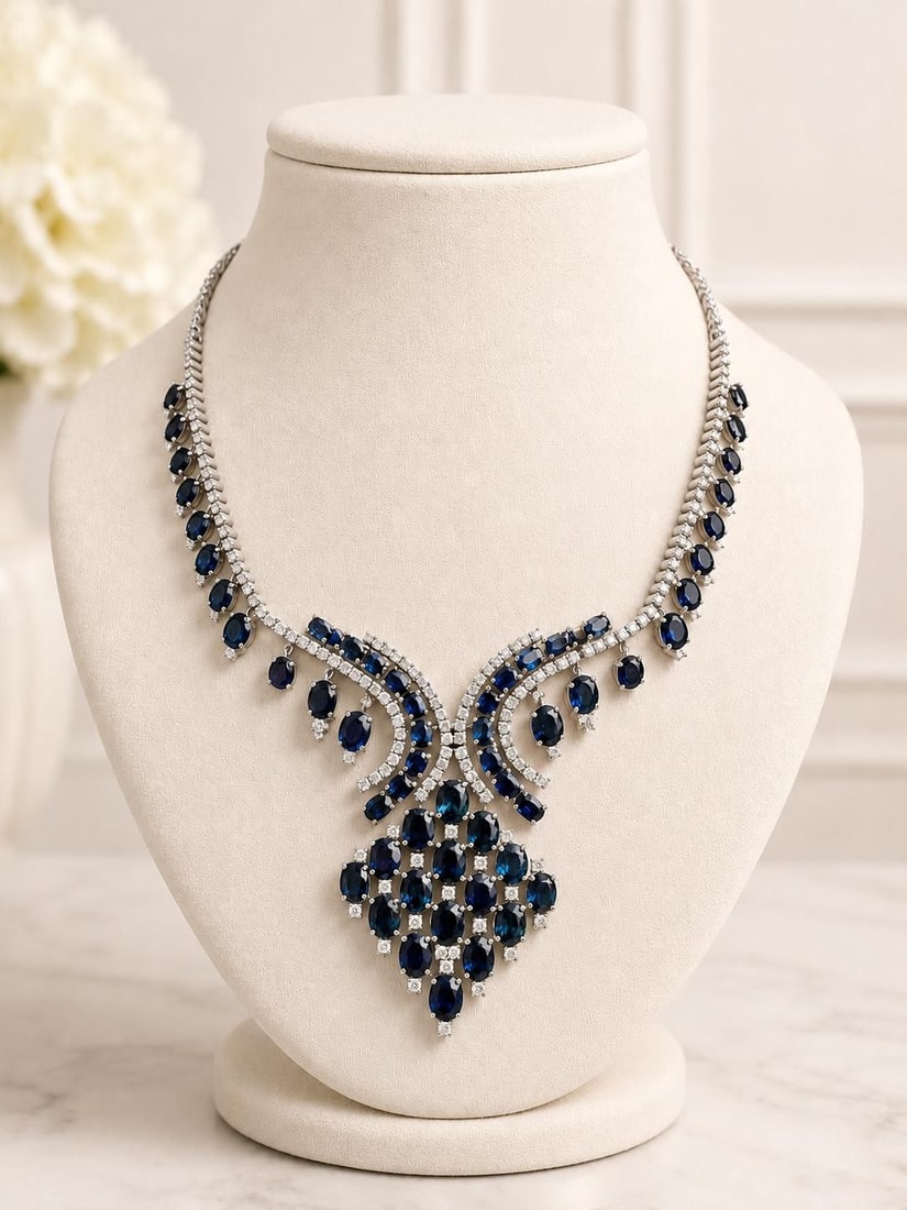Unbranded 33ctw Blue Sapphire and Diamond Silver Statement Necklace: Unbranded 33ctw Blue Sapphire and Diamond Silver Statement Necklace Vintage statement necklace featuring natural blue oval sapphires and round brilliant diamonds in solid .900+ silver. The design incl