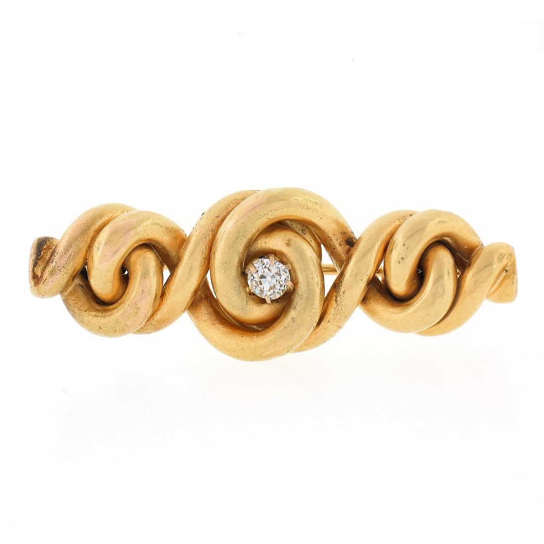 Antique Victorian 14k Gold .25ct Old Mine Cut Diamond Braided Bar Brooch Pin: Antique Victorian 14k Gold .25ct Old Mine Cut Diamond Braided Bar Brooch Pin This stunning Antique Victorian brooch pin is crafted from solid 14k yellow gold and features an intricate braided design. 