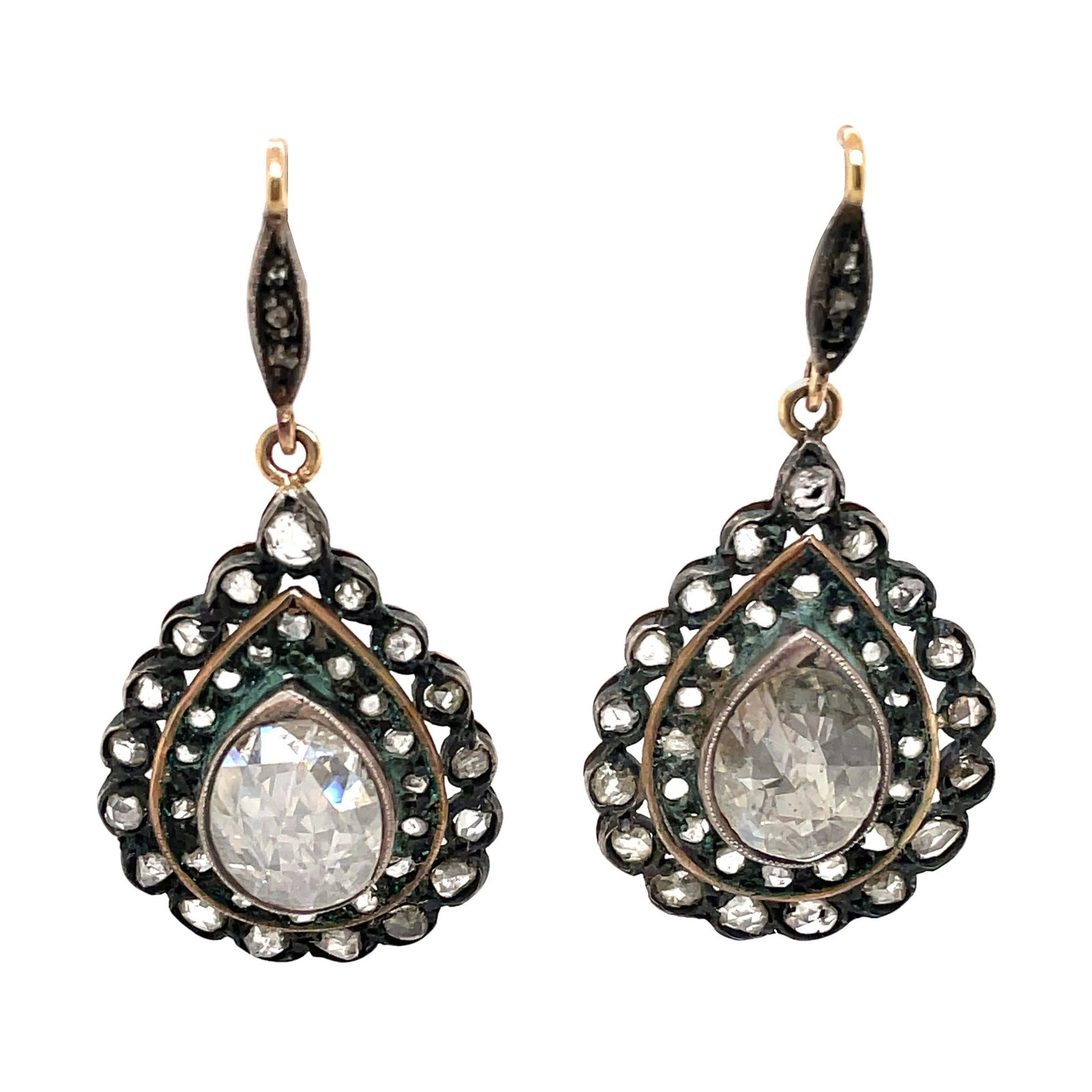 Victorian Style Gold Silver Oval Rose Cut Diamond Drop Earrings (1 of 5)