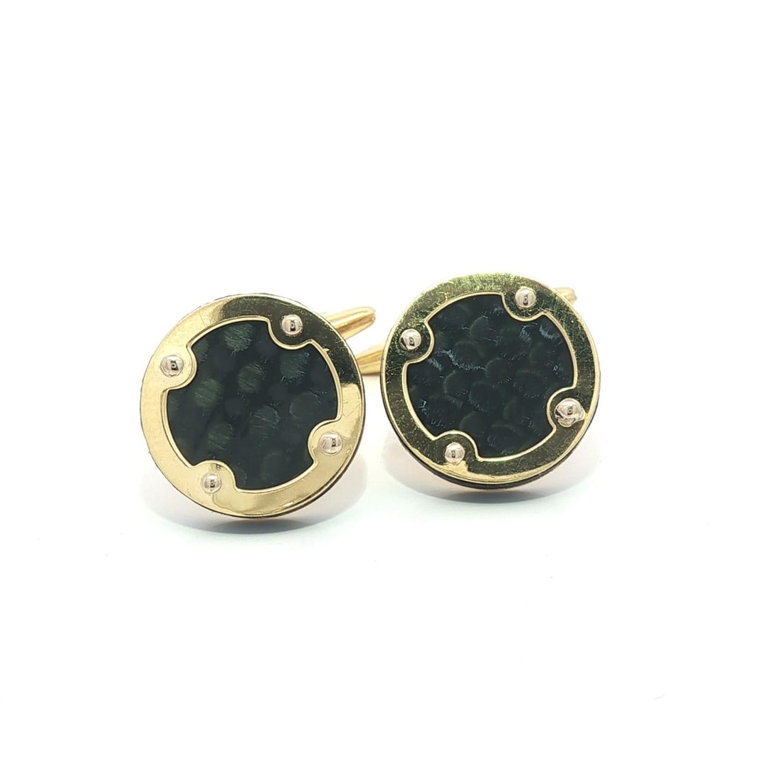 Chimento 18k Yellow Gold Black Carbon Fiber Cufflinks: Chimento 18k Yellow Gold Black Carbon Fiber Cufflinks Elevate your formal attire with these exquisite Chimento cufflinks, crafted from solid 18k yellow gold and accented with sleek black carbon fiber.