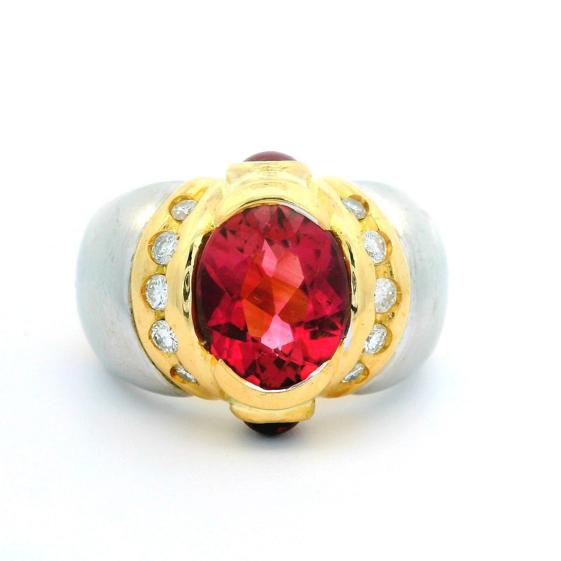 18k Gold Pink Tourmaline Diamond Statement Ring Size 7: 18k Gold Pink Tourmaline Diamond Statement Ring Size 7 This stunning 18k two-tone gold statement ring features a vivid pink tourmaline as its centerpiece, complemented by sparkling diamonds. The main 