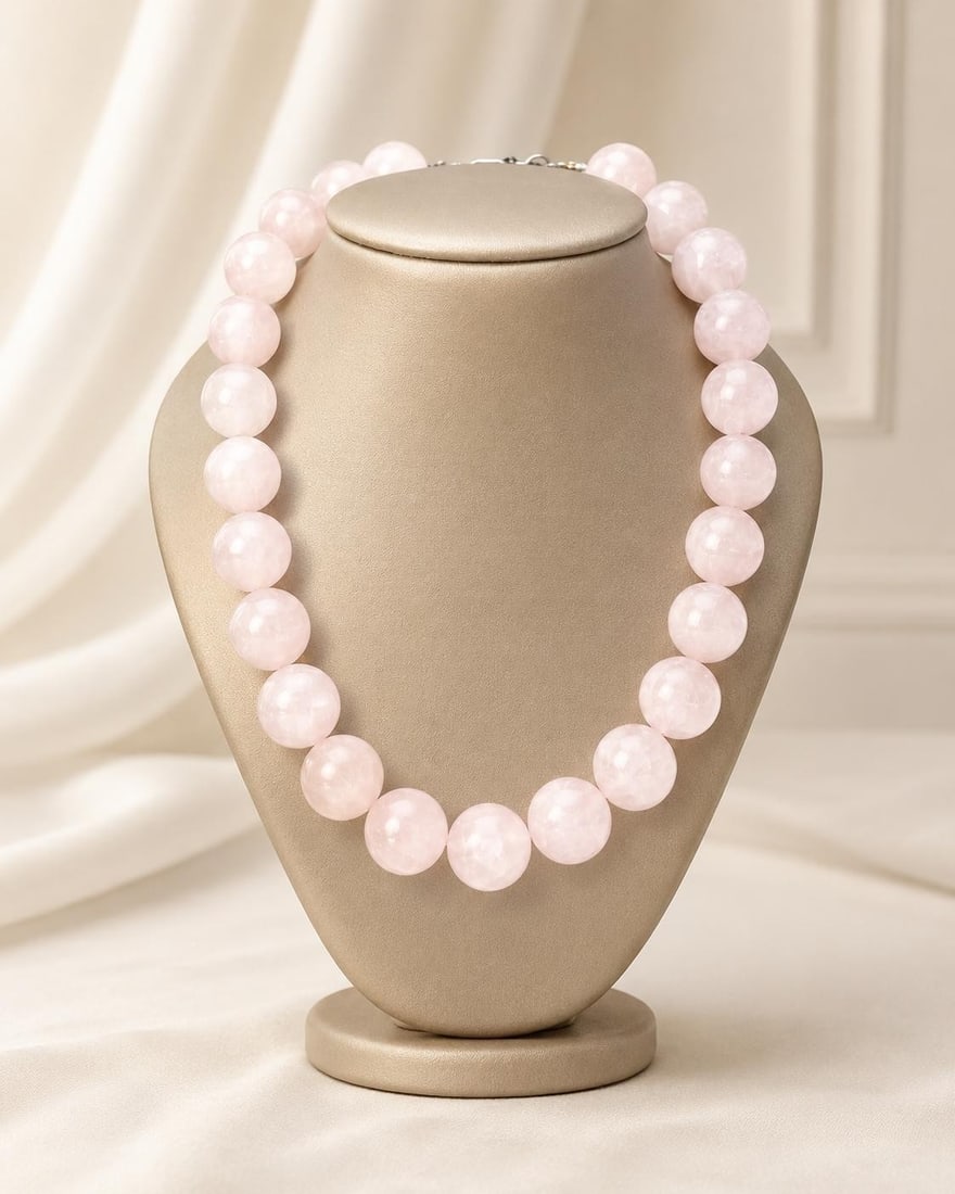 Unbranded Rose Quartz Bead Strand Necklace 15 in Sterling Silver Clasp: Unbranded Rose Quartz Bead Strand Necklace 15 in Sterling Silver Clasp Large polished rose quartz bead strand necklace featuring natural pink round beads and a sterling silver lobster claw clasp. This