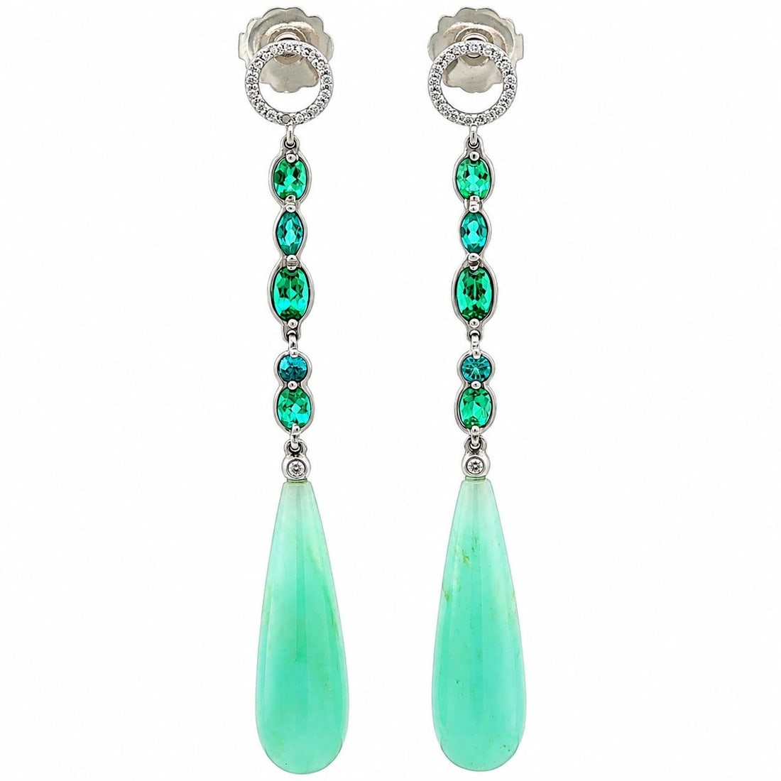 Unbranded 18k White Gold Dangle Earrings Peruvian Opal Paraiba Tourmaline Diamond: Unbranded 18k White Gold Dangle Earrings Peruvian Opal Paraiba Tourmaline Diamond Long dangle earrings featuring natural genuine Peruvian opals, natural genuine Brazil Paraiba tourmalines, and natural