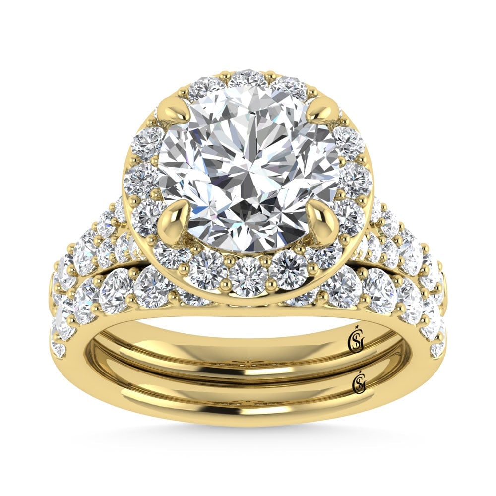 14K Yellow Gold 4 7/8 Ct.Tw. Lab Grown Diamond Bridal Ring (IGI Certified Center 3ct): 14K Yellow Gold 4 7/8 Ct.Tw. Lab Grown Diamond Bridal Ring (IGI Certified Center 3ct) 14k Yellow Gold Stone Color: D-f Stone Clarity: Vs Each ring is presented in standard size 6.5. Complimentary resi