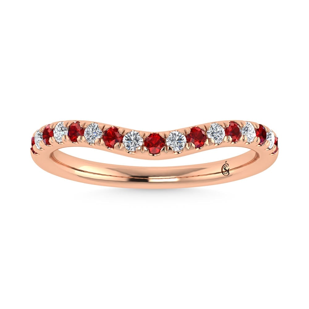 14K Rose Gold Ruby and Diamond 1/3 Ct.Tw. Ruby Curve Band: 14K Rose Gold Ruby and Diamond 1/3 Ct.Tw. Ruby Curve Band 14k Rose Gold Stone Color: G-h Stone Clarity: I2 Each ring is presented in standard size 6.5. Complimentary resizing is available between size
