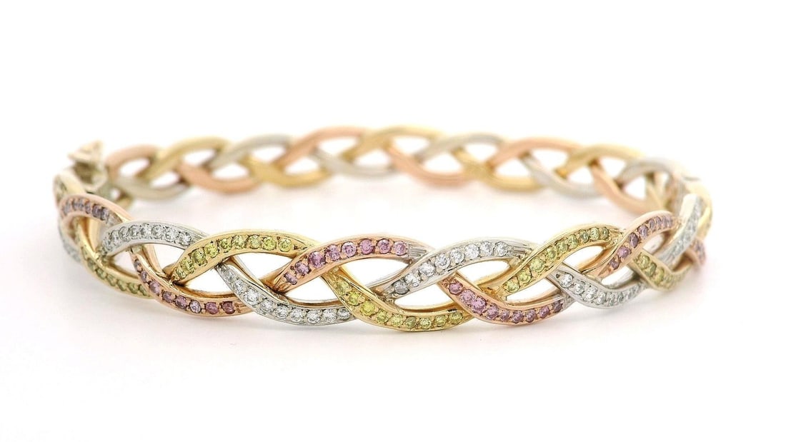 GIA Certified 1.80ct Fancy Yellow Pink Diamond Bangle Bracelet: GIA Certified 1.80ct Fancy Yellow Pink Diamond Bangle Bracelet This exquisite Tri Color Gold bangle bracelet showcases a stunning array of natural, genuine diamonds in fiery pink, yellow, and white hu
