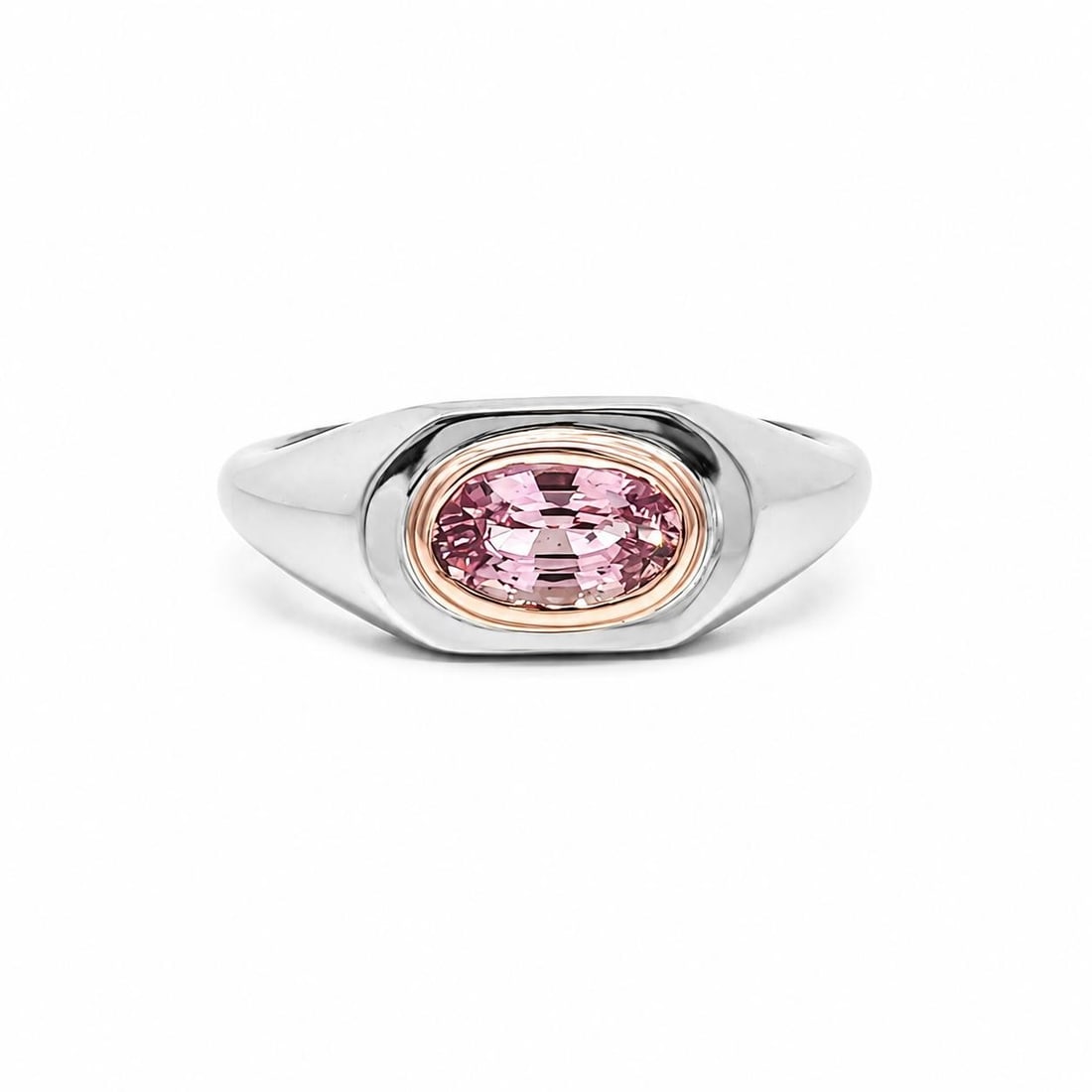 GIA 0.89ct No Heat Padparadscha Sapphire Platinum 14k Rose Gold Ring: GIA 0.89ct No Heat Padparadscha Sapphire Platinum 14k Rose Gold Ring Custom-made ring featuring a natural padparadscha sapphire set east-west in a bezel setting. The sapphire is GIA certified and note