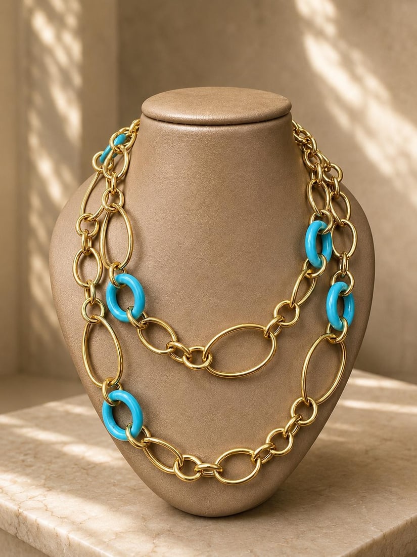 Faraone 18k Yellow Gold Station Necklace with 8 Round Turquoise Links: Faraone 18k Yellow Gold Station Necklace with 8 Round Turquoise Links Long station necklace by Faraone Mennella featuring round ring turquoise stations connected by large open links. Crafted in solid 