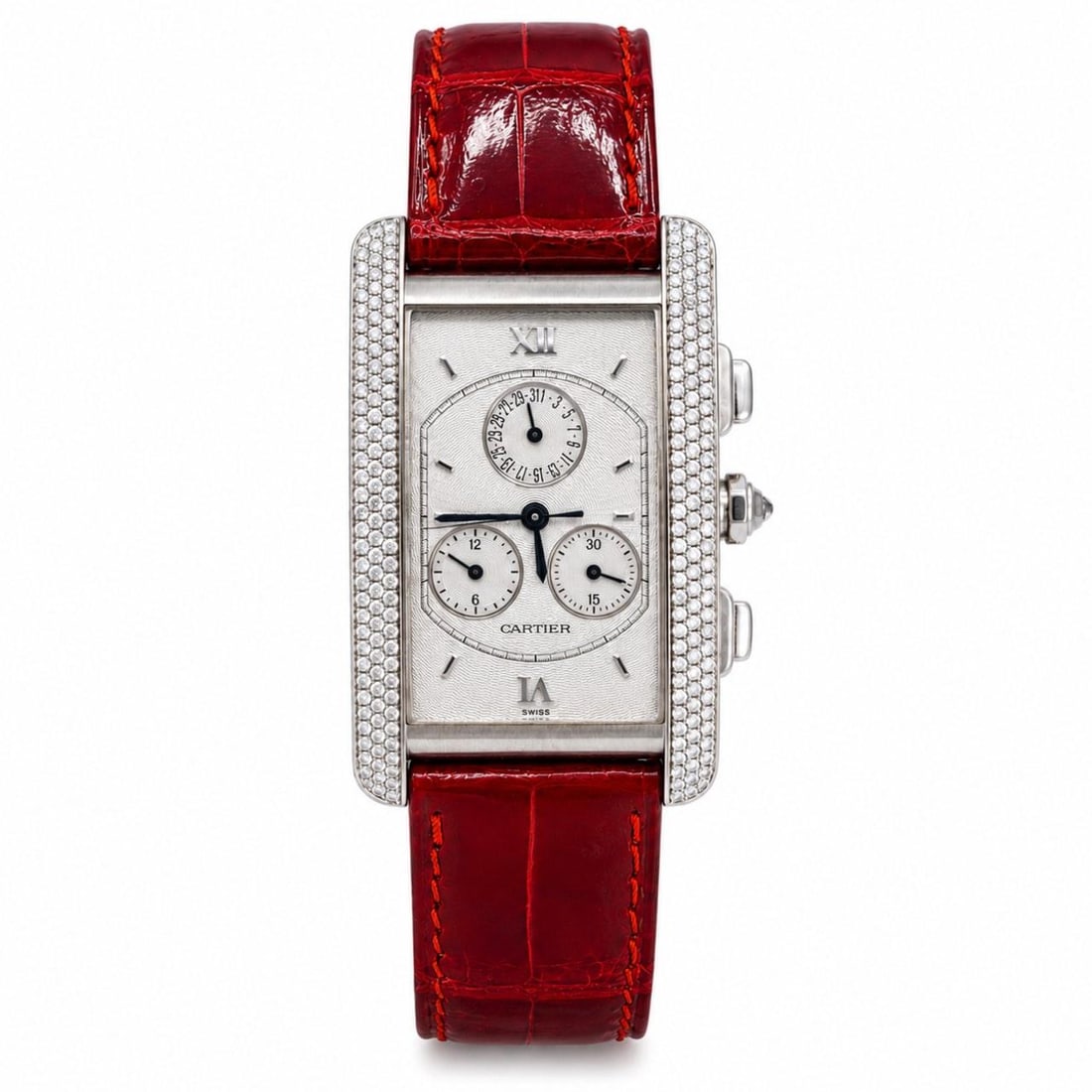 Cartier Tank Americaine Chronograph 18K White Gold Watch Diamond Case: Cartier Tank Americaine Chronograph 18K White Gold Watch Diamond Case Cartier Tank Americaine chronograph wristwatch in 18K white gold with a factory original diamond-set case and quartz movement. Inc