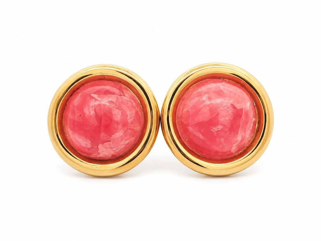 Unbranded 18k Yellow Gold Clip On Earrings with Round Rhodochrosite Cabochons: Unbranded 18k Yellow Gold Clip On Earrings with Round Rhodochrosite Cabochons Large button-style dangle/drop earrings featuring natural rhodochrosite cabochons in a rich mottled pink color, bezel set 