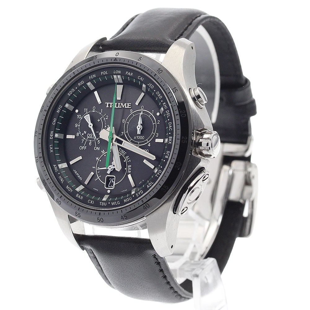 Epson Troom men's solar radio-controlled wristwatch MB52-UAA0: Epson Troom men's solar radio-controlled wristwatch MB52-UAA0 This pre-owned EPSON Troom men's wristwatch features a stainless steel case paired with an un-used, non-OEM leather band. The black dial i