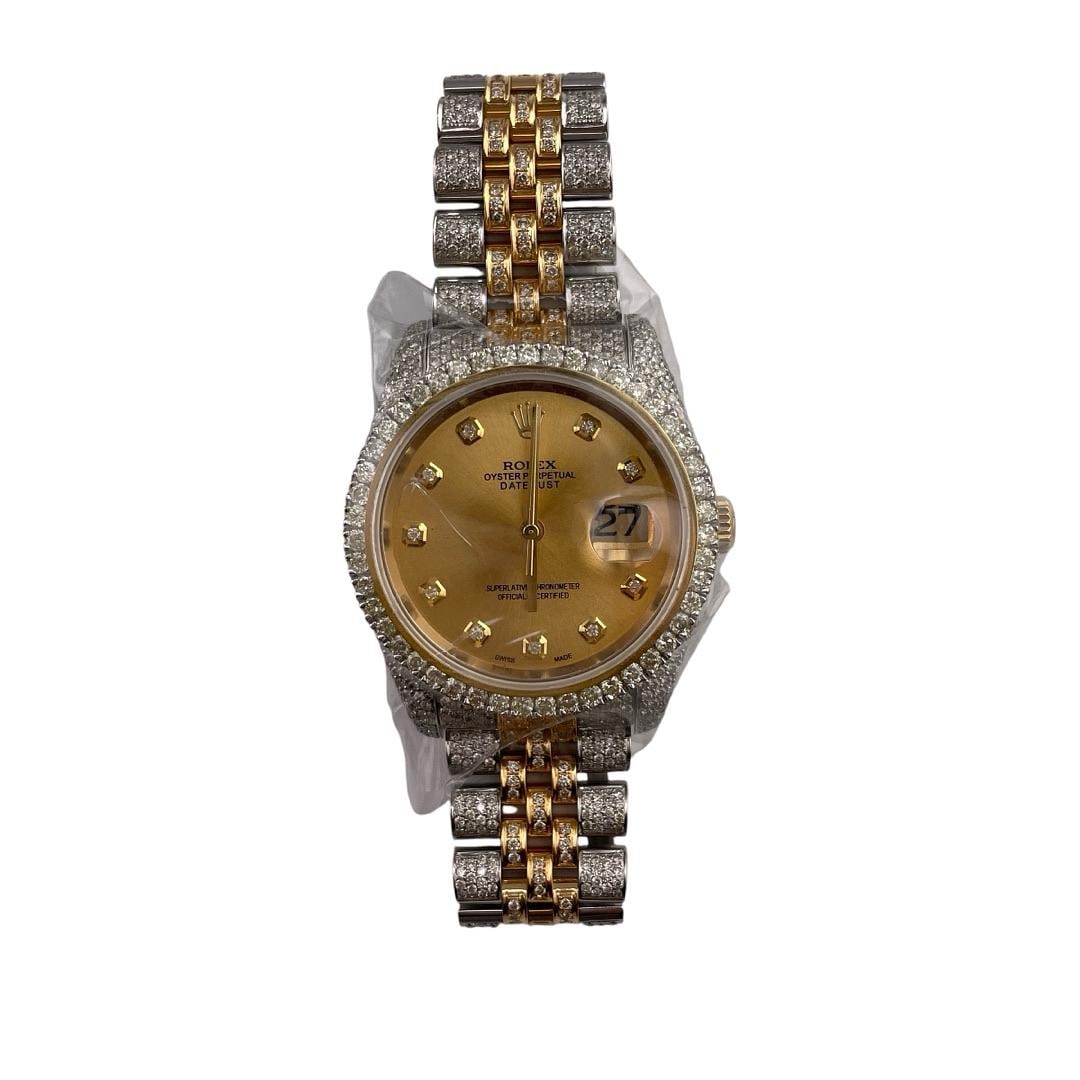 Mens Rolex Datejust 116233 Gold Dial Diamond Bezel Jubilee Bracelet: Mens Rolex Datejust 116233 Gold Dial Diamond Bezel Jubilee Bracelet This Rolex Datejust features a gold dial and a diamond bezel, paired with a Jubilee bracelet. The watch is designed for men and is i