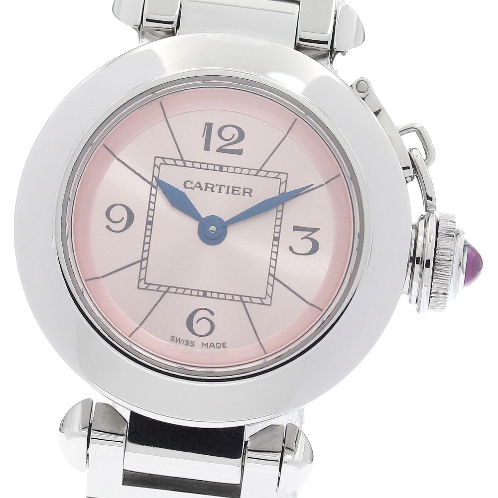 Cartier Miss Pasha ladies quartz wristwatch ref W3140008: Cartier Miss Pasha ladies quartz wristwatch ref W3140008 Pre-owned Cartier Miss Pasha ladies' wristwatch with a pink dial and quartz movement. The stainless steel case and stainless steel strap presen