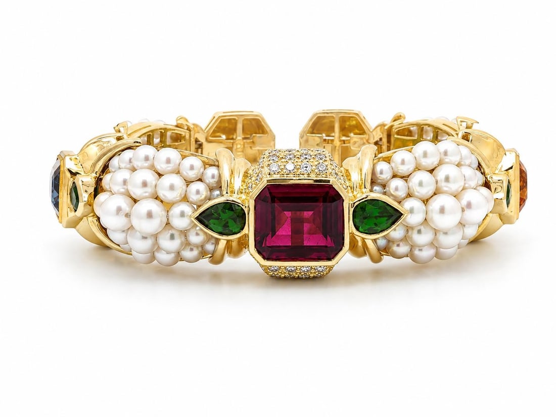 Flexible Open Cuff Bangle 18k Yellow Gold Pearl Citrine Iolite Garnet Diamond: Flexible Open Cuff Bangle 18k Yellow Gold Pearl Citrine Iolite Garnet Diamond Pre-owned flexible open cuff bangle crafted in solid 18k yellow gold and set with cultured pearls, iolite, garnet, citrine