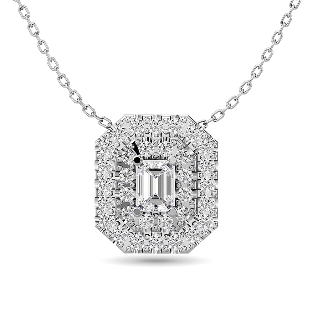 Diamond Emerald Cut Double Halo Pendant 3/8 Ct.tw in 14K White Gold: Diamond Emerald Cut Double Halo Pendant 3/8 Ct.tw in 14K White Gold Diamond Emerald Cut Double Halo Pendant 3/8 Ct.Tw. in 14K White Gold (1/6Ct.Tw. Centre) 14k White Gold Stone Color: Gh Stone