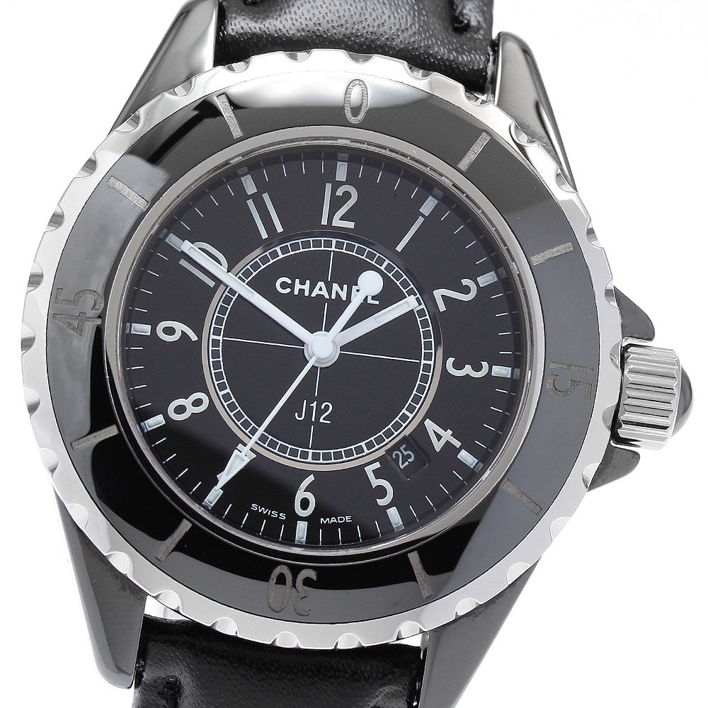 CHANEL J12 H0682 Womens Quartz Wristwatch Black Ceramic 33mm: CHANEL J12 H0682 Womens Quartz Wristwatch Black Ceramic 33mm Pre-owned Chanel J12 women's wristwatch with a black dial and quartz movement. This reference H0682 features an SS/ceramic case and a leath