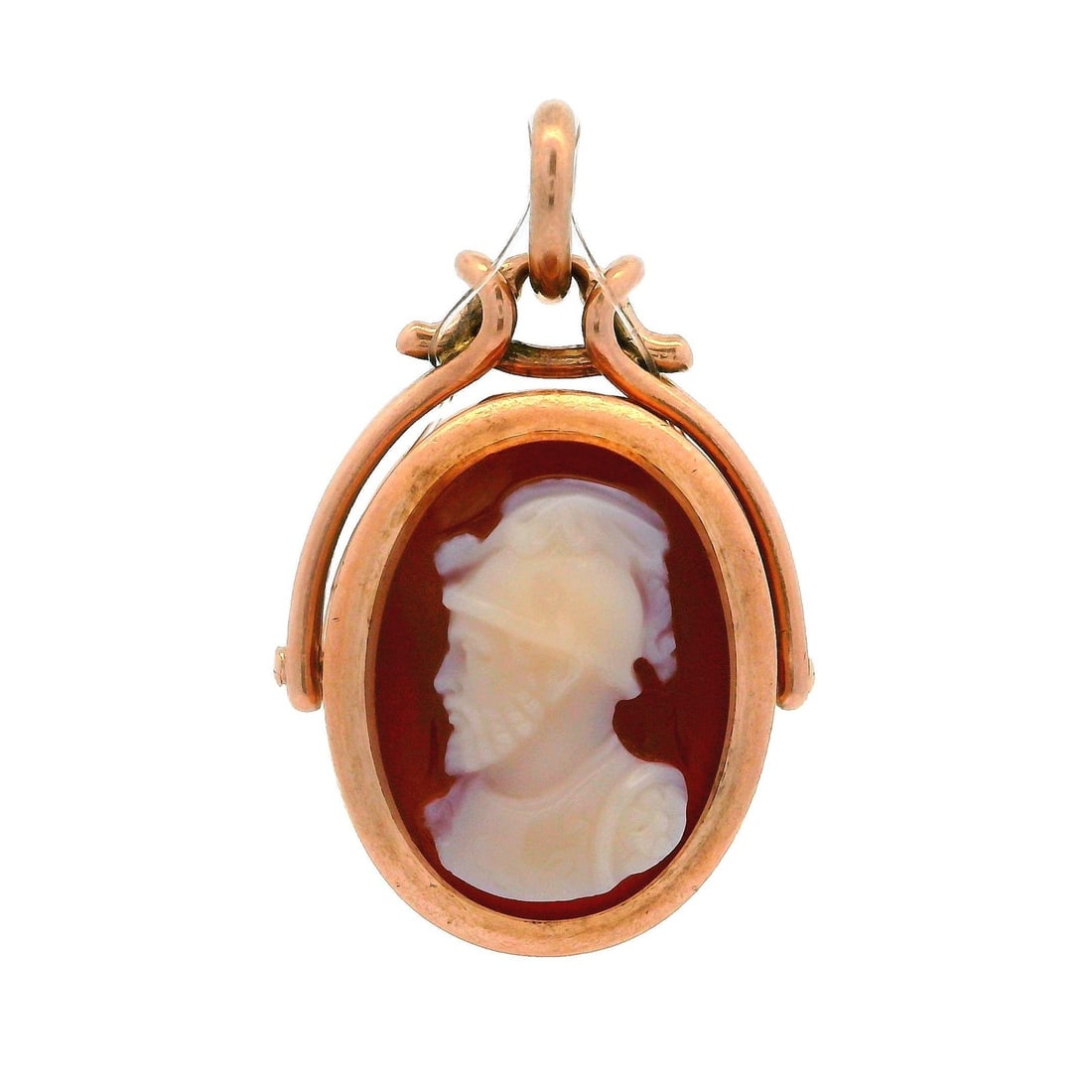 14k Rosy Yellow Gold Knight Engraved Cameo Swivel Pendant FOB: 14k Rosy Yellow Gold Knight Engraved Cameo Swivel Pendant FOB This exquisite pendant features a unique knight-engraved cameo crafted from genuine hardstone, encased in solid 14k rosy yellow gold. The 