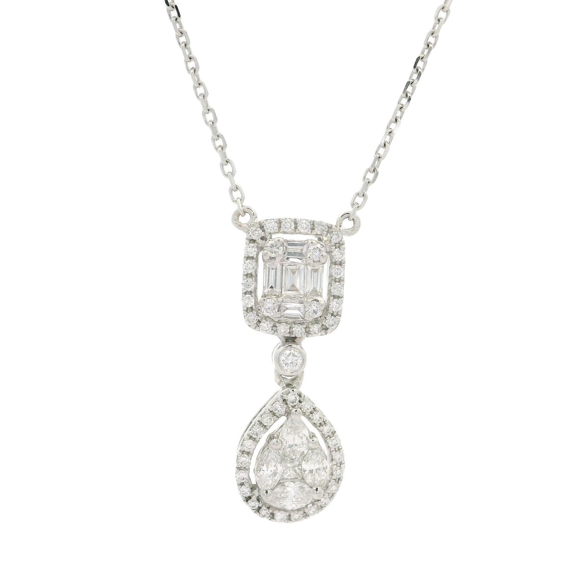 18k White Gold 1.10ct Diamond Teardrop Pendant Necklace: 18k White Gold 1.10ct Diamond Teardrop Pendant Necklace This exquisite pendant necklace features a stunning teardrop design crafted from solid 18k white gold. It showcases a total of 1.10ct of natural