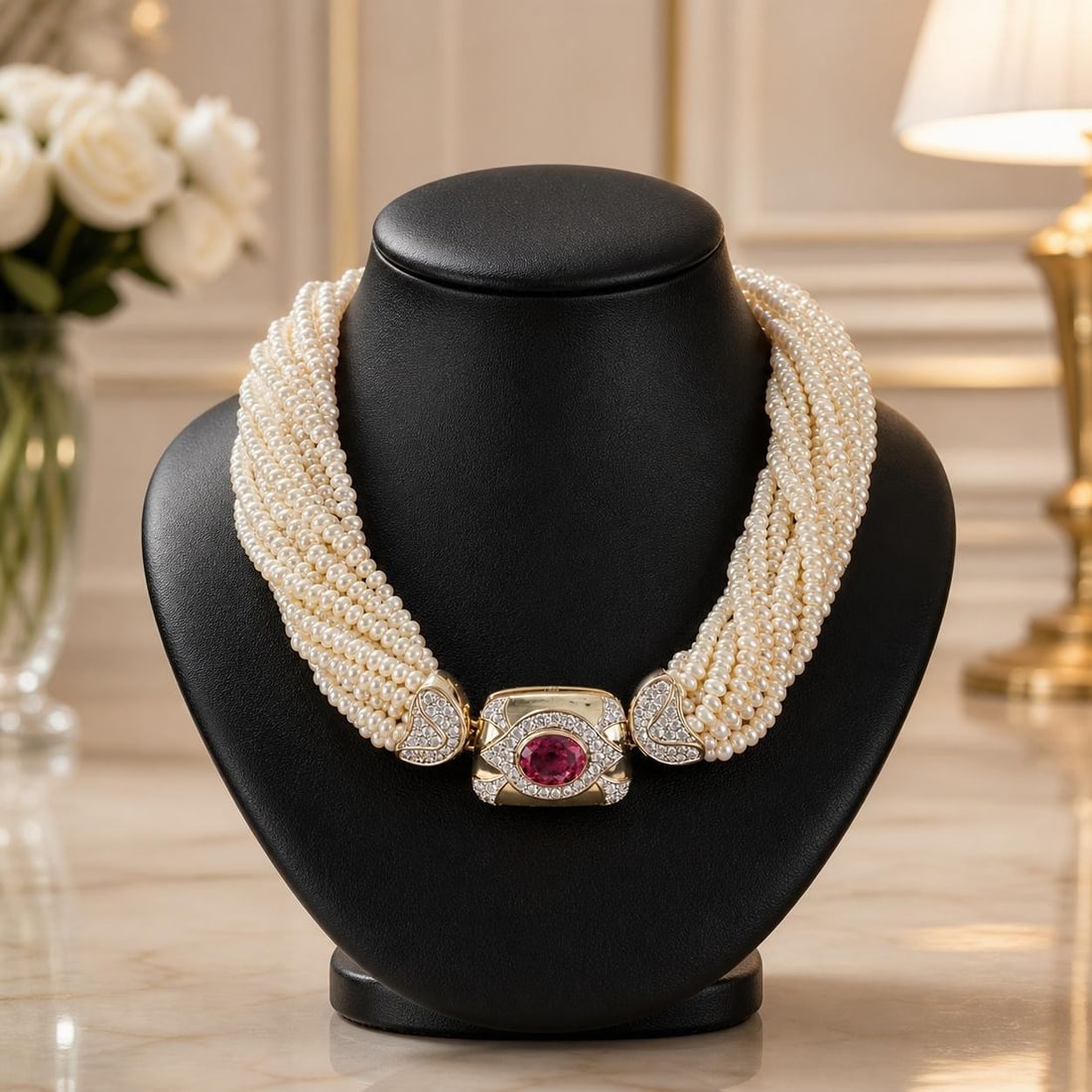 GIA Certified Pearl Torsade Necklace 14k Yellow Gold Tourmaline Diamond Clasp: GIA Certified Pearl Torsade Necklace 14k Yellow Gold Tourmaline Diamond Clasp This vintage multi-strand torsade necklace features numerous genuine freshwater cultured pearls in a bead shape, displayin