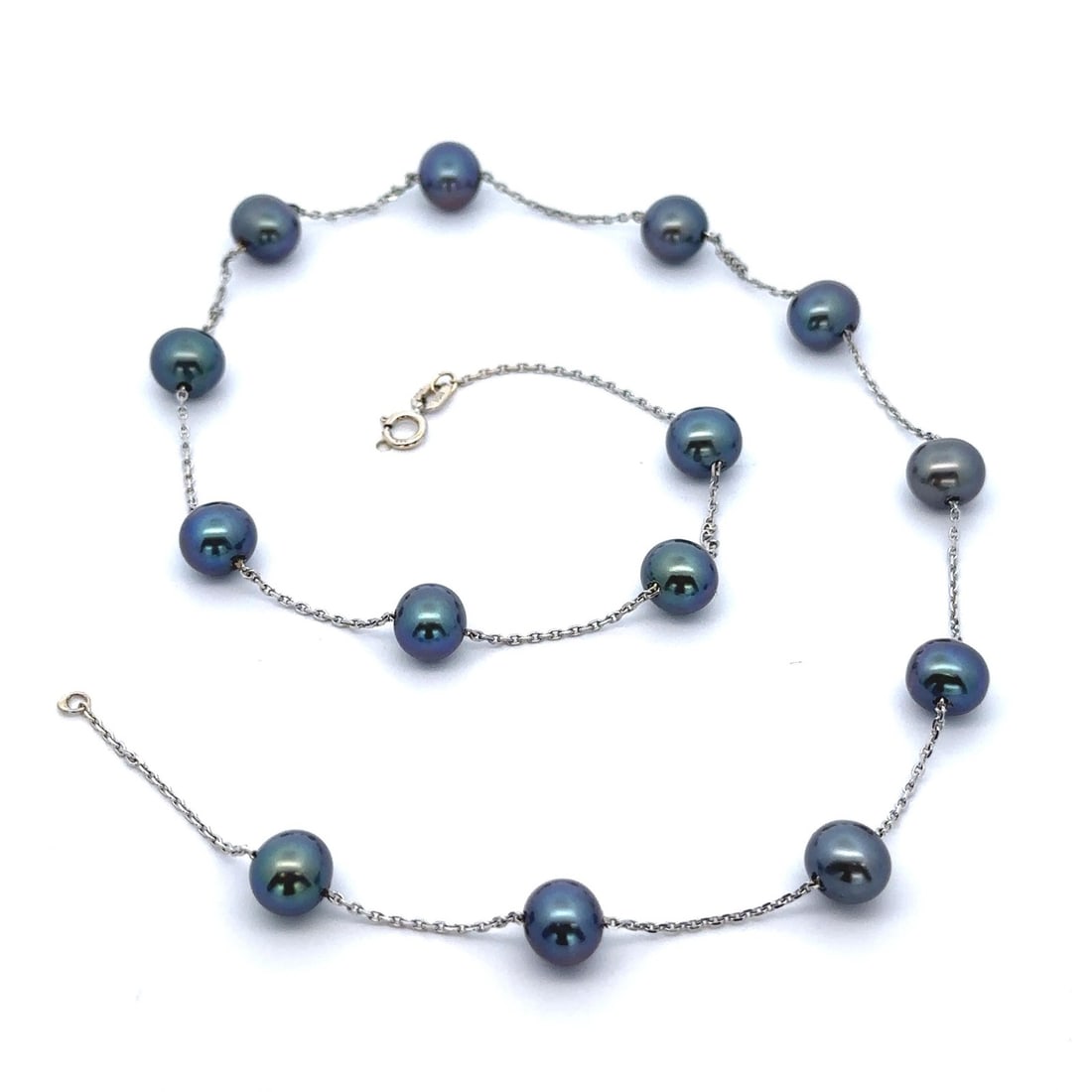 14k White Gold Gray Pearl Station Chain Necklace 15.5": 14k White Gold Gray Pearl Station Chain Necklace 15.5" This elegant 14k White Gold By The Yard Station Chain Necklace features genuine gray cultured pearls. The necklace measures 15.5 inches in length