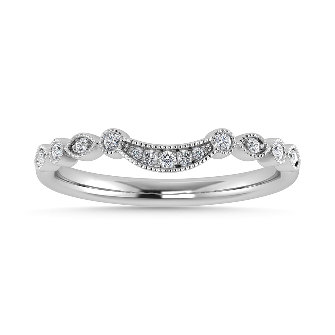 Diamond 1/10 Ct.Tw. Chevron Band in 14K White Gold: Diamond 1/10 Ct.Tw. Chevron Band in 14K White Gold 14k White Gold Stone Color: G-h Stone Clarity: Si2 Each ring is presented in standard size 6.5. Complimentary resizing is available between sizes 510