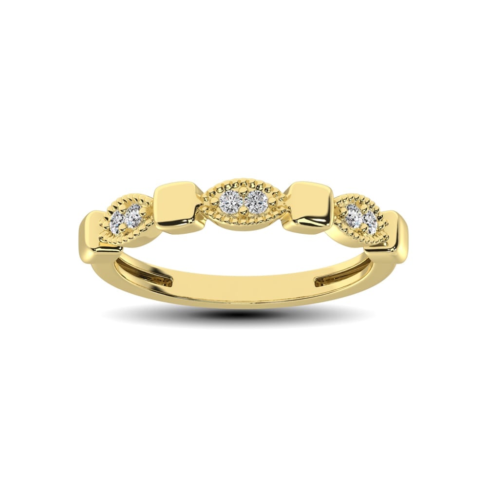 14K Yellow Gold 1/10 Ct.Tw. Diamond Stackable Band: 14K Yellow Gold 1/10 Ct.Tw. Diamond Stackable Band This glamorous ring is available in 14K Yellow Gold. There are 6 round diamonds with a total carat weight of 1/10 Ct.Tw. set in a Shared Prong settin