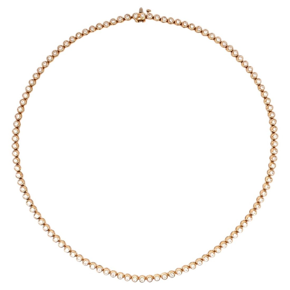 14K Yellow Gold Tennis Necklace 5.27 Carat Bezel Set Diamonds 17 In: 14K Yellow Gold Tennis Necklace 5.27 Carat Bezel Set Diamonds 17 In Crafted in 14K yellow gold, this contemporary tennis necklace features 106 round brilliant-cut diamonds with a total weight of 5.27 