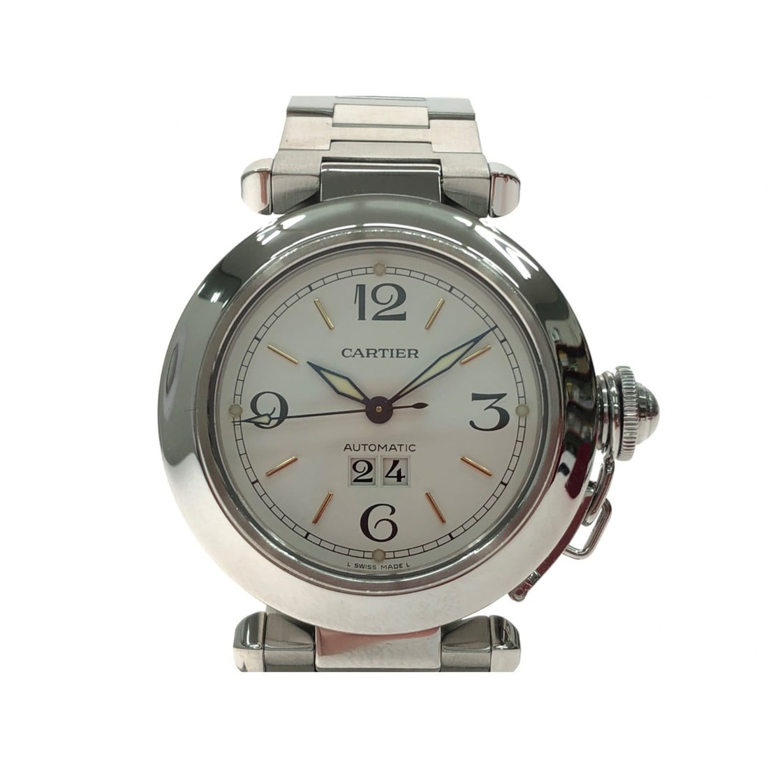 Cartier 2475 Pasha C Automatic Unisex Watch White Dial Steel: Cartier 2475 Pasha C Automatic Unisex Watch White Dial Steel Pre-owned Cartier Pasha C Big Date 2475 automatic wristwatch with a white analog dial and stainless steel case and bracelet. This unisex wa