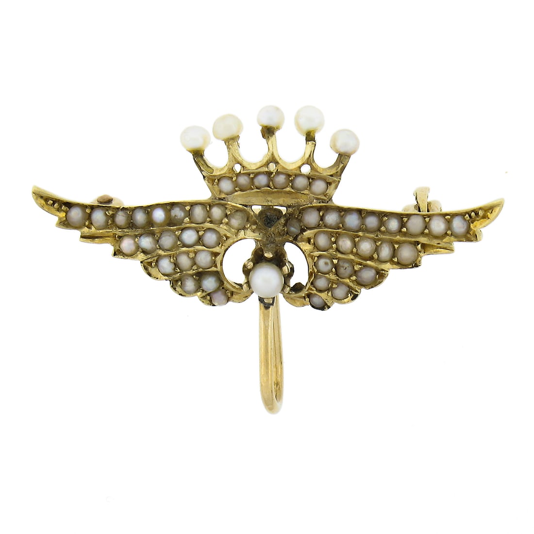 14k Yellow Gold Crown Wing Brooch with Seed Pearls and Watch Hook: 14k Yellow Gold Crown Wing Brooch with Seed Pearls and Watch Hook This antique brooch features a crown with wings design, expertly crafted from solid 14k yellow gold. It is adorned with numerous genui