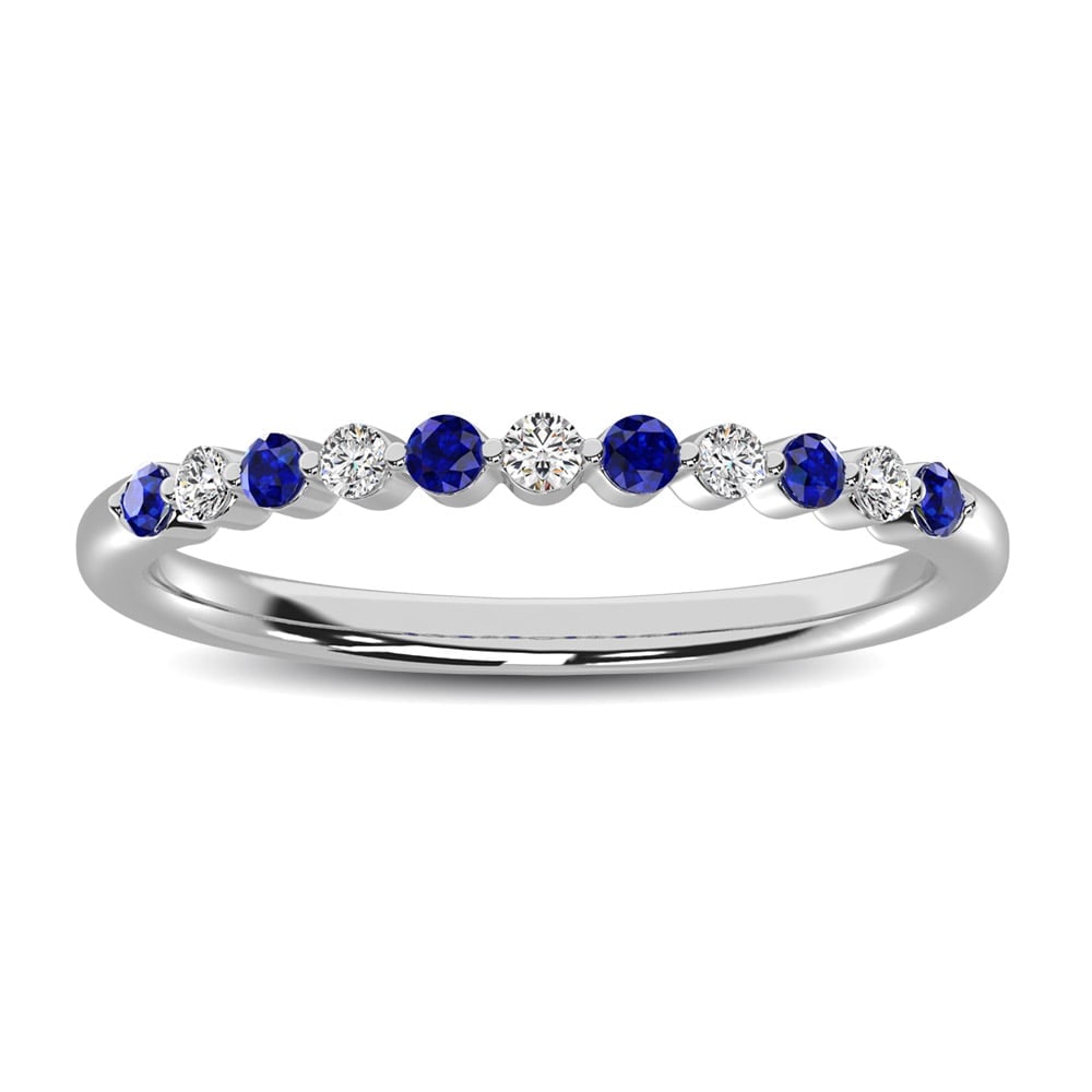 14K White Gold Alternate Diamond 1/4 Ct.tw and Blue Sapphire Ring: 14K White Gold Alternate Diamond 1/4 Ct.tw and Blue Sapphire Ring Add some color to your stack with this sleek and shimmering gemstone and diamond band. Crafted in cool 14K white gold, this sparkler f