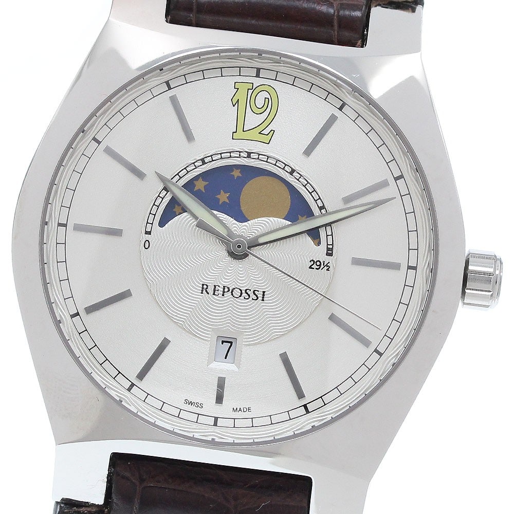 REPOSSI R8 Quartz Moon Phase Date Wristwatch: REPOSSI R8 Quartz Moon Phase Date Wristwatch This REPOSSI Contemporary Series R8 men's wristwatch features a stainless steel case and a silver dial, paired with a leather strap. Powered by a quartz mo