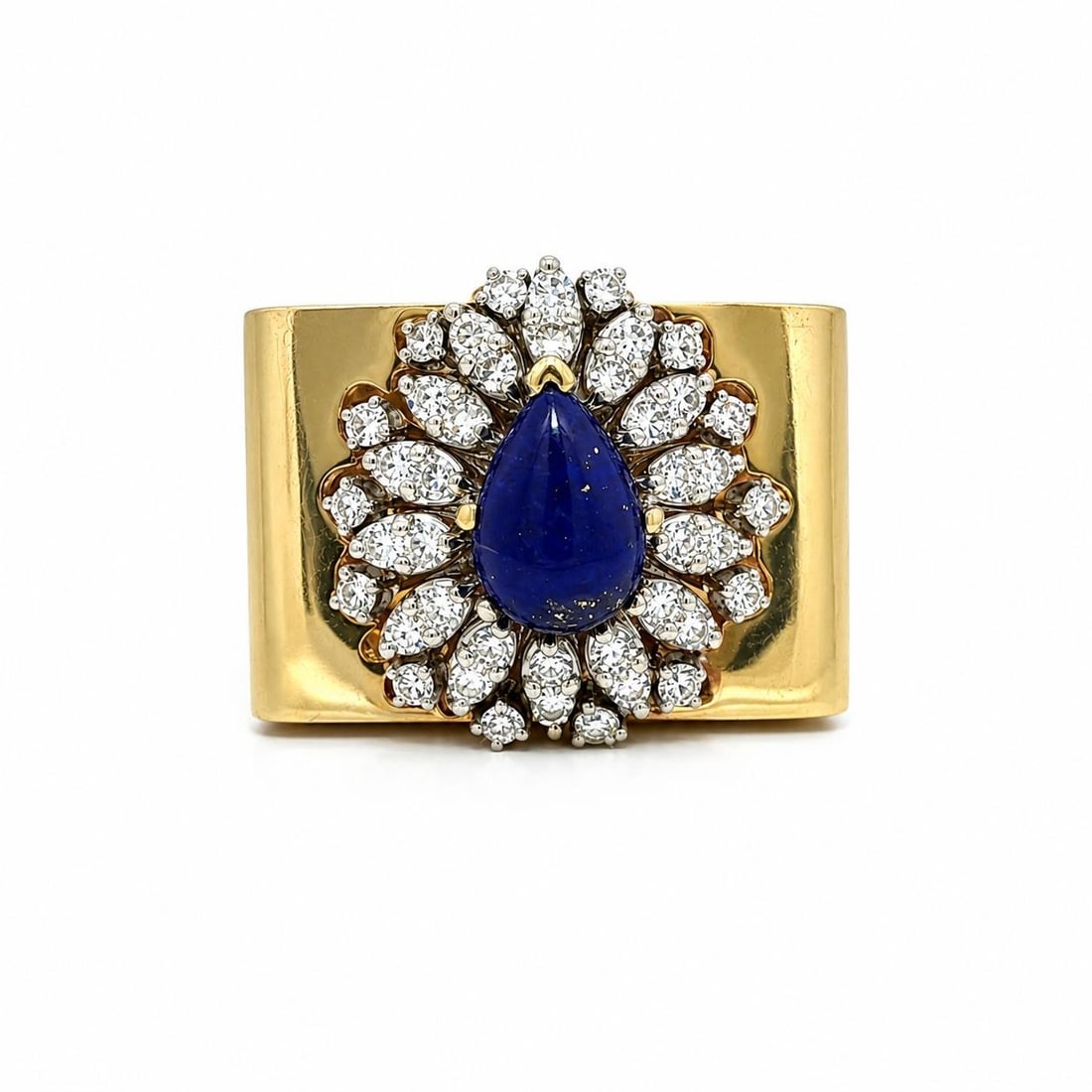 Unbranded Vintage Lapis Cabochon Diamond Cluster Cocktail Ring 10-14k Gold: Unbranded Vintage Lapis Cabochon Diamond Cluster Cocktail Ring 10-14k Gold Vintage cocktail statement ring featuring a natural pear cabochon lapis lazuli centerpiece surrounded by a flower-style diamo