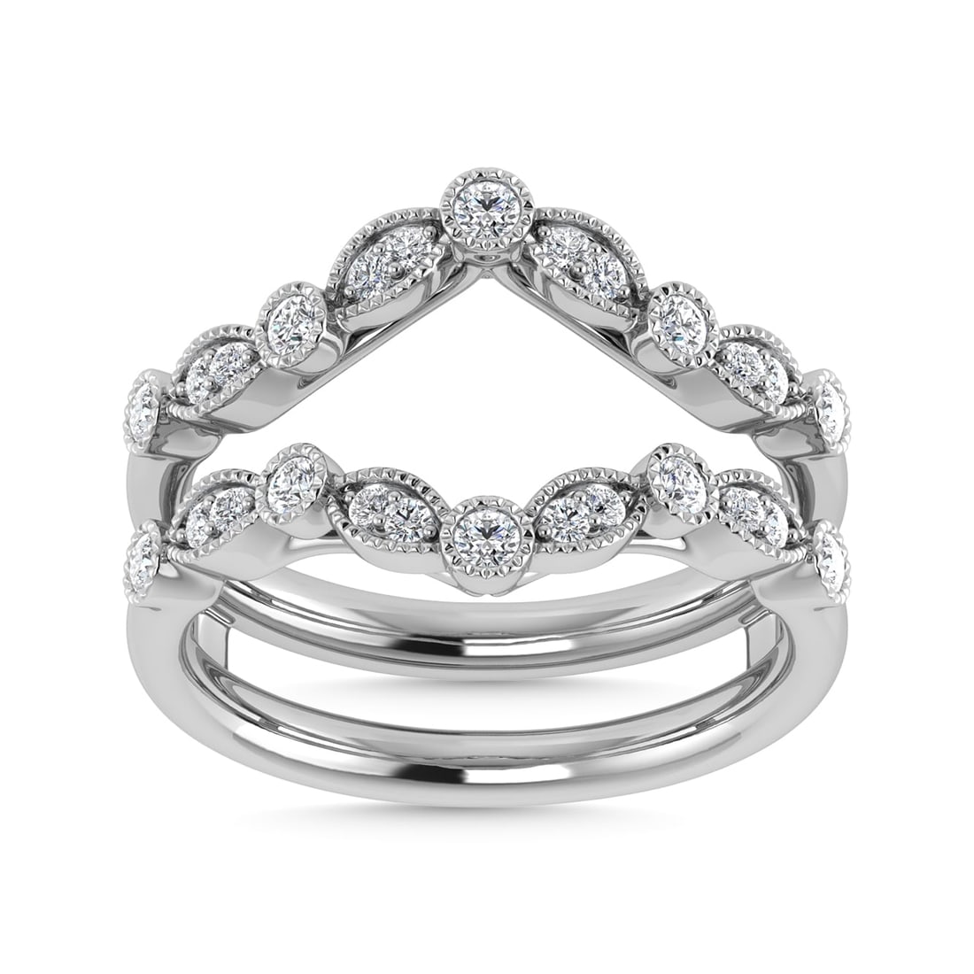 Diamond 3/8 Ct.Tw. Guard Ring in 14K White Gold: Diamond 3/8 Ct.Tw. Guard Ring in 14K White Gold 14k White Gold Stone Color: G-h Stone Clarity: Si2 Each ring is presented in standard size 6.5. Complimentary resizing is available between sizes 510 (i