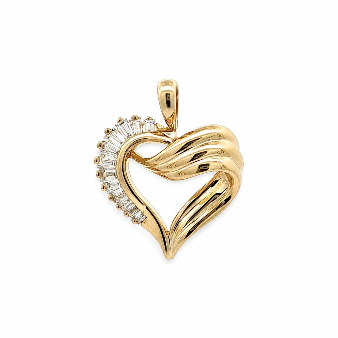Open Heart Diamond Pendant in 14k Yellow Gold 0.35ctw Baguette Cut: Open Heart Diamond Pendant in 14k Yellow Gold 0.35ctw Baguette Cut Pre-owned open heart pendant crafted in solid 14k yellow gold and set with natural baguette-cut diamonds in a grooved design. This