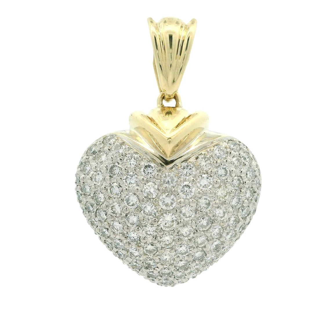 14k Yellow Gold 3ctw Diamond Pave Heavy Puff Heart Pendant: 14k Yellow Gold 3ctw Diamond Pave Heavy Puff Heart Pendant Make a statement with this exquisite 14k yellow gold puffed heart pendant, adorned with numerous round brilliant cut diamonds in a stunning p
