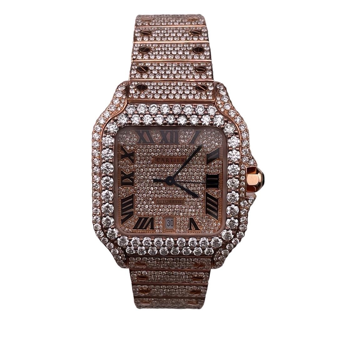 Cartier Santos Ref 4071 Diamond Roman Dial Watch with Card 2021: Cartier Santos Ref 4071 Diamond Roman Dial Watch with Card 2021 This Cartier Santos watch features an iced out Roman dial, a diamond bezel, and a matching iced out bracelet. The reference number is 40