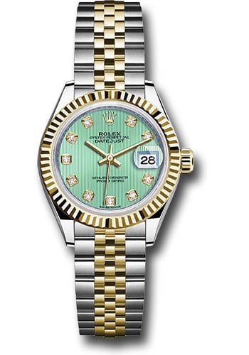 Rolex Datejust Lady 279173 Jubilee Fluted Bezel Mint Green Diamond Dial Card: Rolex Datejust Lady 279173 Jubilee Fluted Bezel Mint Green Diamond Dial Card This Rolex Datejust Lady features a mint green diamond dial, complemented by a fluted bezel and Jubilee bracelet. The watch
