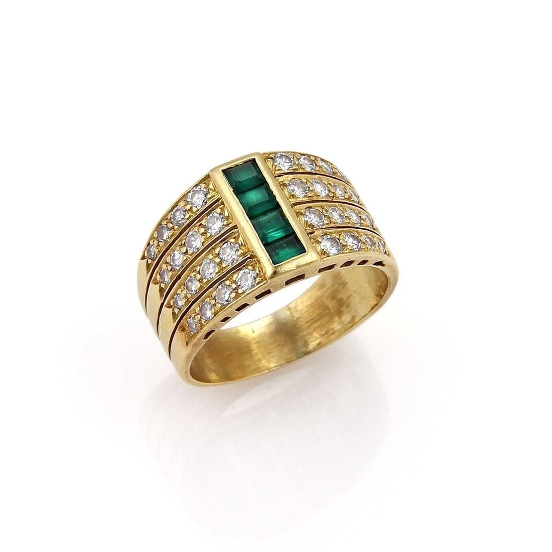 18k Yellow Gold Wide Band Ring with Diamonds and Emeralds Size 6: 18k Yellow Gold Wide Band Ring with Diamonds and Emeralds Size 6 Vintage estate four-row wide band ring crafted in 18k yellow gold with alternating diamonds and emeralds. This original ring features a