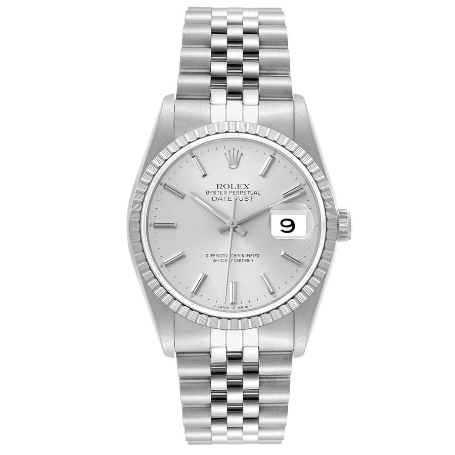 Rolex 16220 Datejust mens watch silver stick dial Jubilee bracelet: Rolex 16220 Datejust mens watch silver stick dial Jubilee bracelet Rolex Datejust reference 16220 with a silver stick dial, engine turned bezel, and D-Link Jubilee bracelet. This men's watch is identi