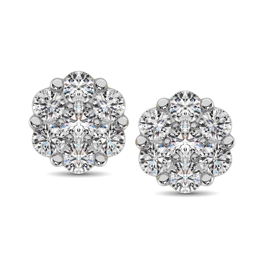 14K White Gold 7/8 Ct.Tw. Diamond Flower Studs Earrings: 14K White Gold 7/8 Ct.Tw. Diamond Flower Studs Earrings These stunning Earrings are available in 14K White Gold. There are 14 round diamonds with a total carat weight of 7/8 Ct.Tw. set in a prong sett