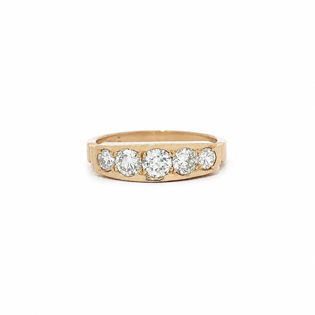 Unbranded 18k Yellow Gold Band Ring with 5 Old European Cut Diamonds: Unbranded 18k Yellow Gold Band Ring with 5 Old European Cut Diamonds Antique five-stone band ring crafted in solid 18k yellow gold and set with natural old European cut diamonds in a pave setting. Thi