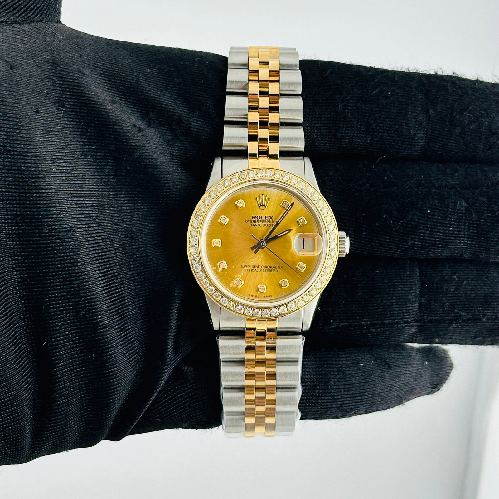 Rolex Ladies Aftermarket Diamond Champagne Dial Watch Jubilee Bracelet Ref 6466: Rolex Ladies Aftermarket Diamond Champagne Dial Watch Jubilee Bracelet Ref 6466 This is a ladies Rolex Datejust wristwatch featuring an aftermarket champagne diamond dial and an aftermarket Jubilee br
