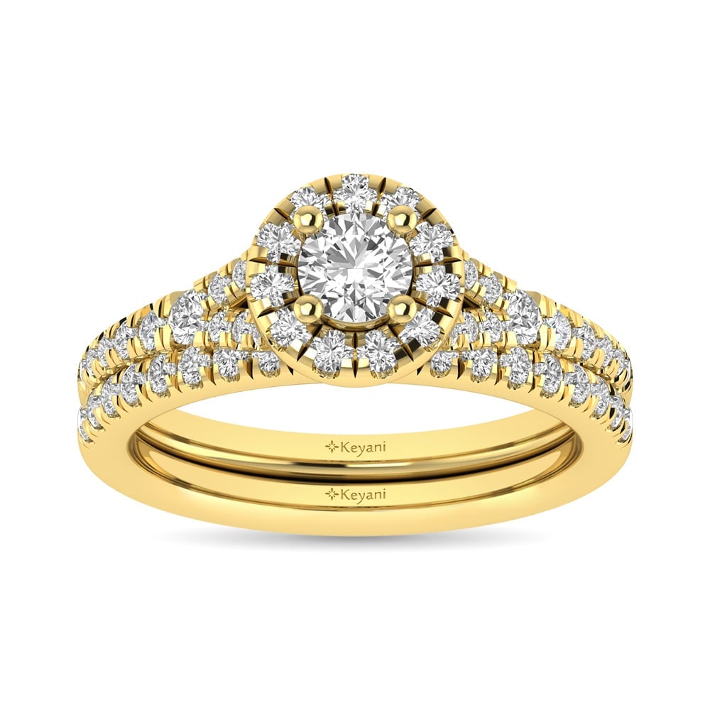 Diamond Split Shank Single Halo Bridal Ring 1 Ct.tw Round Cut in 14K Yellow Gold: Diamond Split Shank Single Halo Bridal Ring 1 Ct.tw Round Cut in 14K Yellow Gold This Split Shank Single Halo Bridal Ring set with round Cut diamond 1/3 Ct.Tw. center. Total diamond weight 1 Ct.Tw. 14