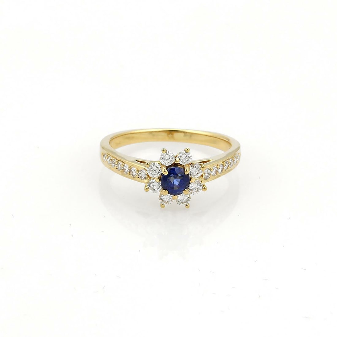 Tiffany Co Star Flower Ring 18k Yellow Gold Diamond Sapphire Size 4: Tiffany Co Star Flower Ring 18k Yellow Gold Diamond Sapphire Size 4 A floral ring crafted from 18k yellow gold, featuring a round cut blue sapphire in the center surrounded by round cut diamonds in pr