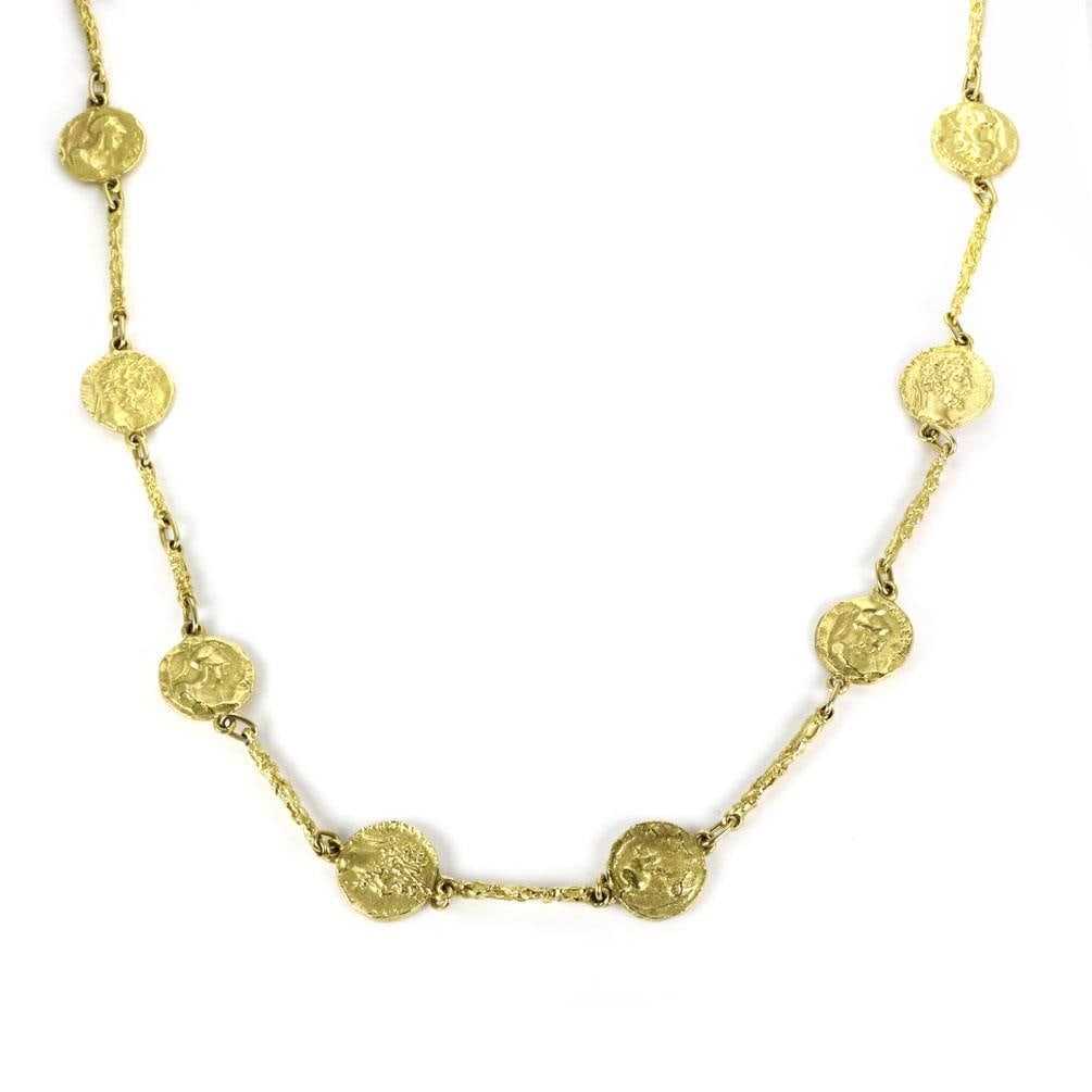 Hammerman Brothers 18k Gold Vintage Sautior Coin Necklace 28" L: Hammerman Brothers 18k Gold Vintage Sautior Coin Necklace 28" L Discover a striking 1970s vintage necklace by Hammerman Brothers, meticulously crafted from 18k yellow gold. This elegant piece features