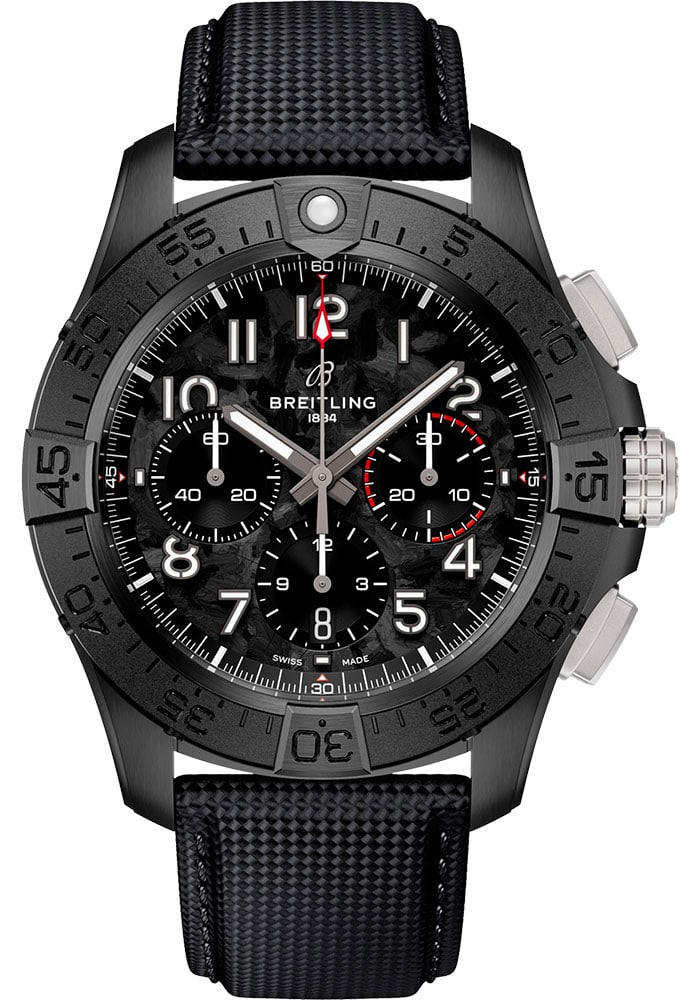 Avenger B01 Chronograph Carbon Dial Watch SB0147101B1X1 with Card: Avenger B01 Chronograph Carbon Dial Watch SB0147101B1X1 with Card This Breitling Avenger B01 Chronograph features a carbon dial and a rotating bezel, paired with a leather strap. The timepiece is desi