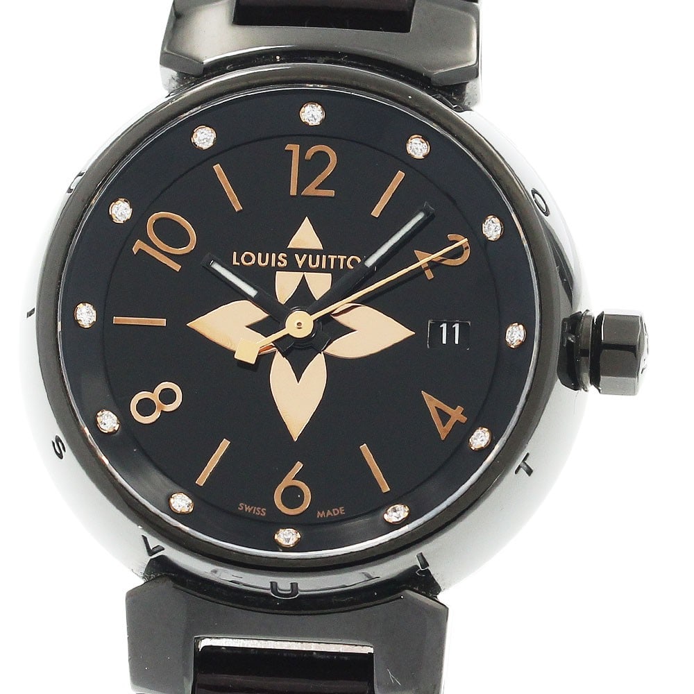 Louis Vuitton Tambour All Black PM Quartz Date Watch 12P Diamond: Louis Vuitton Tambour All Black PM Quartz Date Watch 12P Diamond This Louis Vuitton Tambour All Black PM women's wristwatch features a stainless steel case and a black dial accented with 12 diamond ho