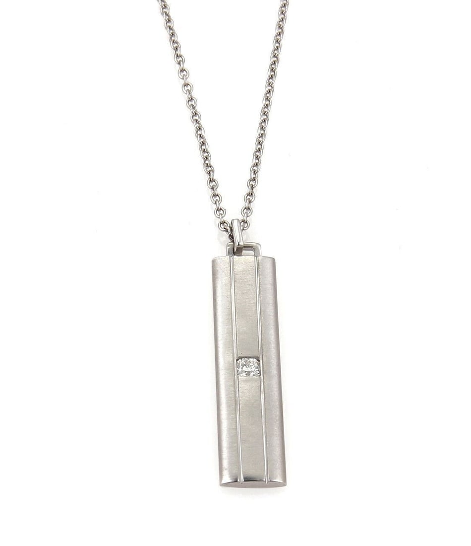 Tiffany Co LUCIDA 18k White Gold Bar Pendant Necklace with Diamond: Tiffany Co LUCIDA 18k White Gold Bar Pendant Necklace with Diamond Pre-owned Tiffany & Co. LUCIDA long bar pendant necklace in 18k white gold. This pendant necklace features an elongated bar design ac