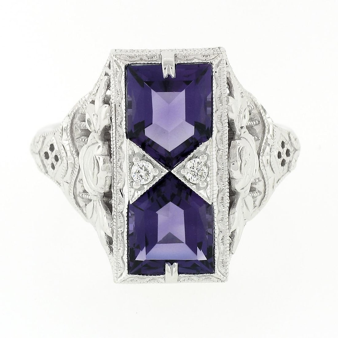 Unbranded 14K White Gold Cocktail Ring with Amethyst and Diamond Filigree: Unbranded 14K White Gold Cocktail Ring with Amethyst and Diamond Filigree Un-used cocktail ring crafted in solid 14k white gold and set with natural amethyst and diamond accents. The design features f